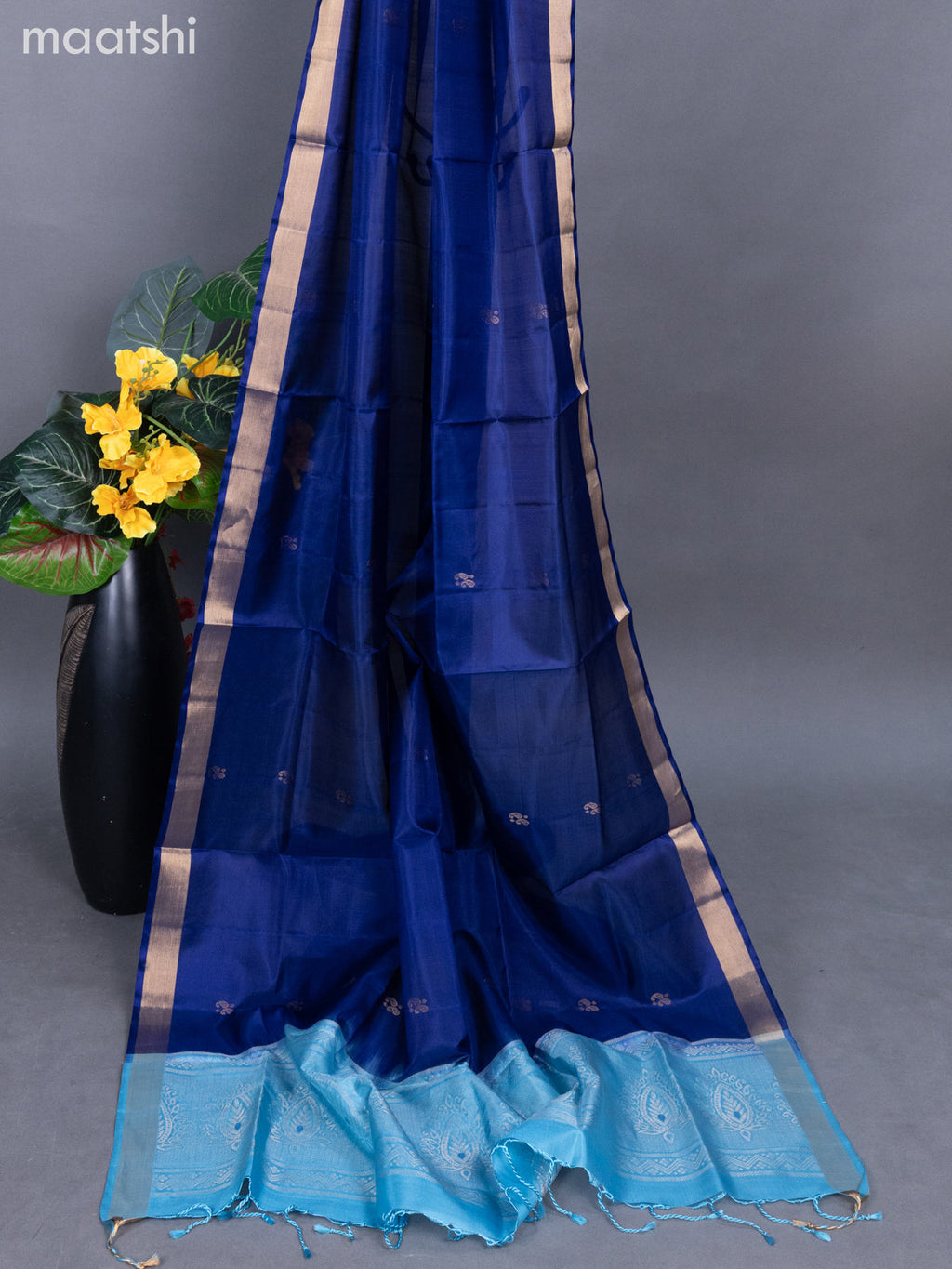 Light Blue and Blue Pure Silk Dress Material With Zari Buttas