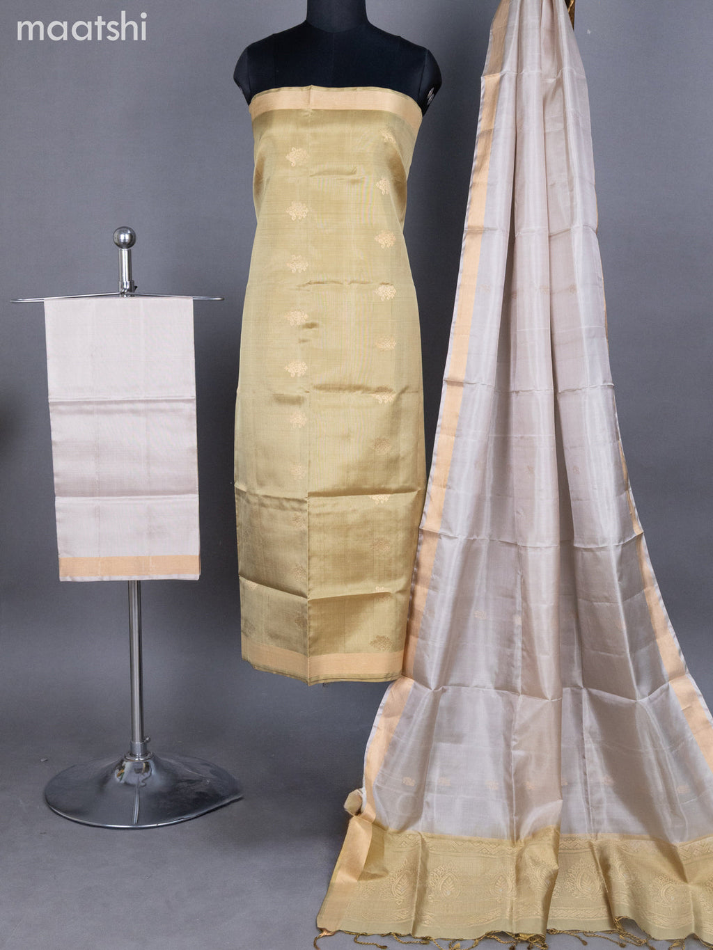 Elaichi Green and Beige Pure Silk Dress Material With Zari Buttas