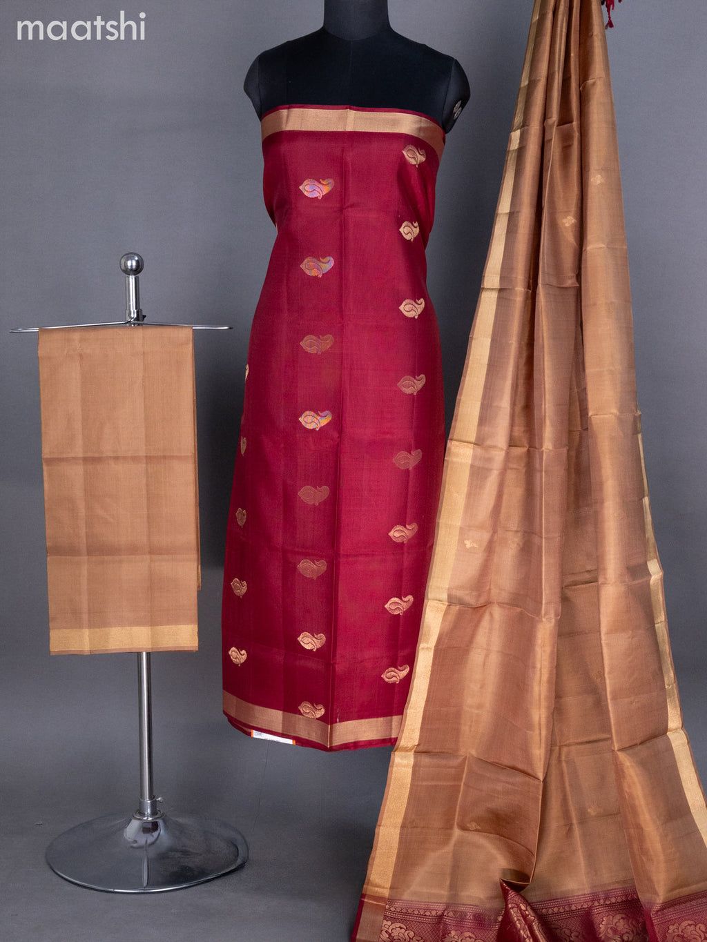 Deep Maroon and Brown Pure Silk Dress Material With Zari Buttas