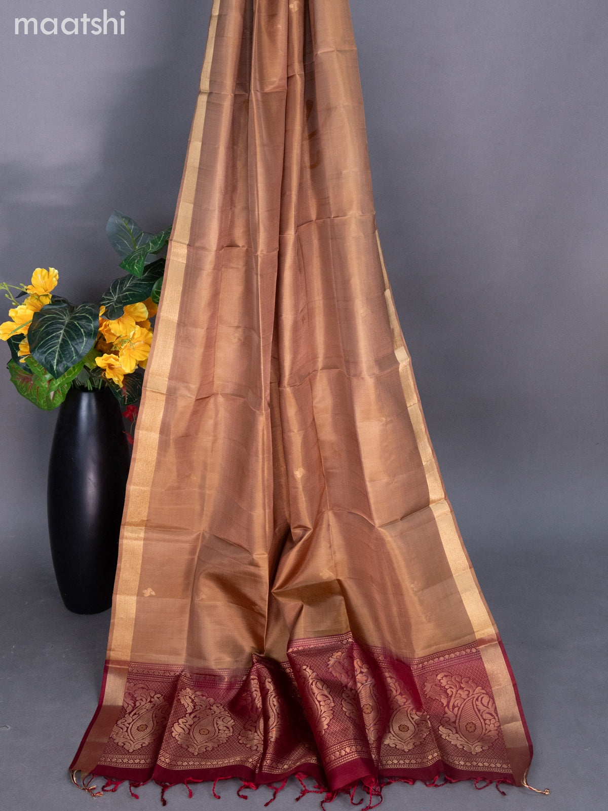 Deep Maroon and Brown Pure Silk Dress Material With Zari Buttas
