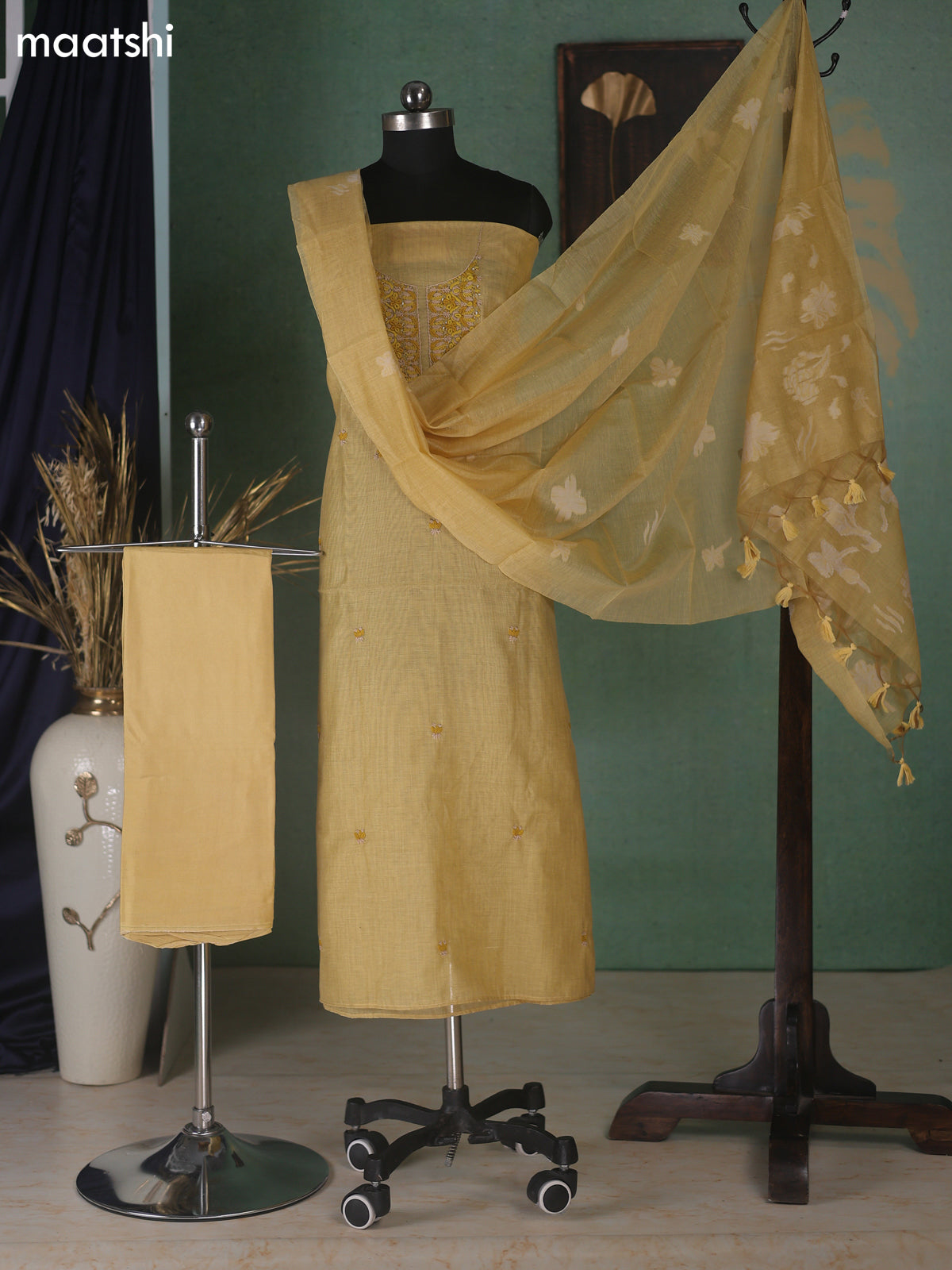 Mustard Yellow Munga Cotton Dress Material With Embroidery Work Neck Pattern
