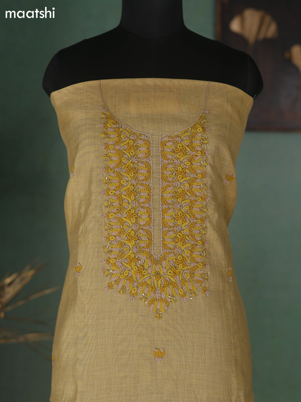 Mustard Yellow Munga Cotton Dress Material With Embroidery Work Neck Pattern