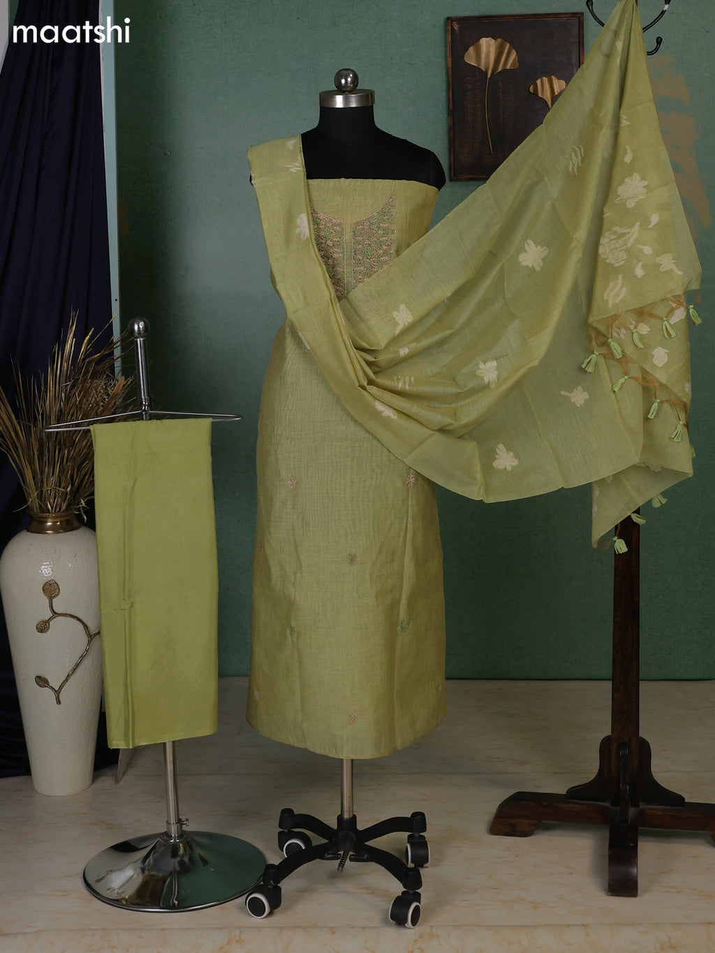 Pastel Green Munga Cotton Dress Material With Embroidery Work Neck Pattern