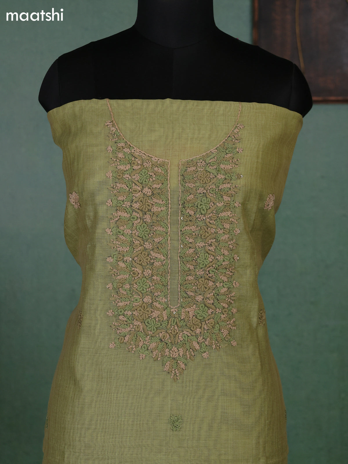 Pastel Green Munga Cotton Dress Material With Embroidery Work Neck Pattern