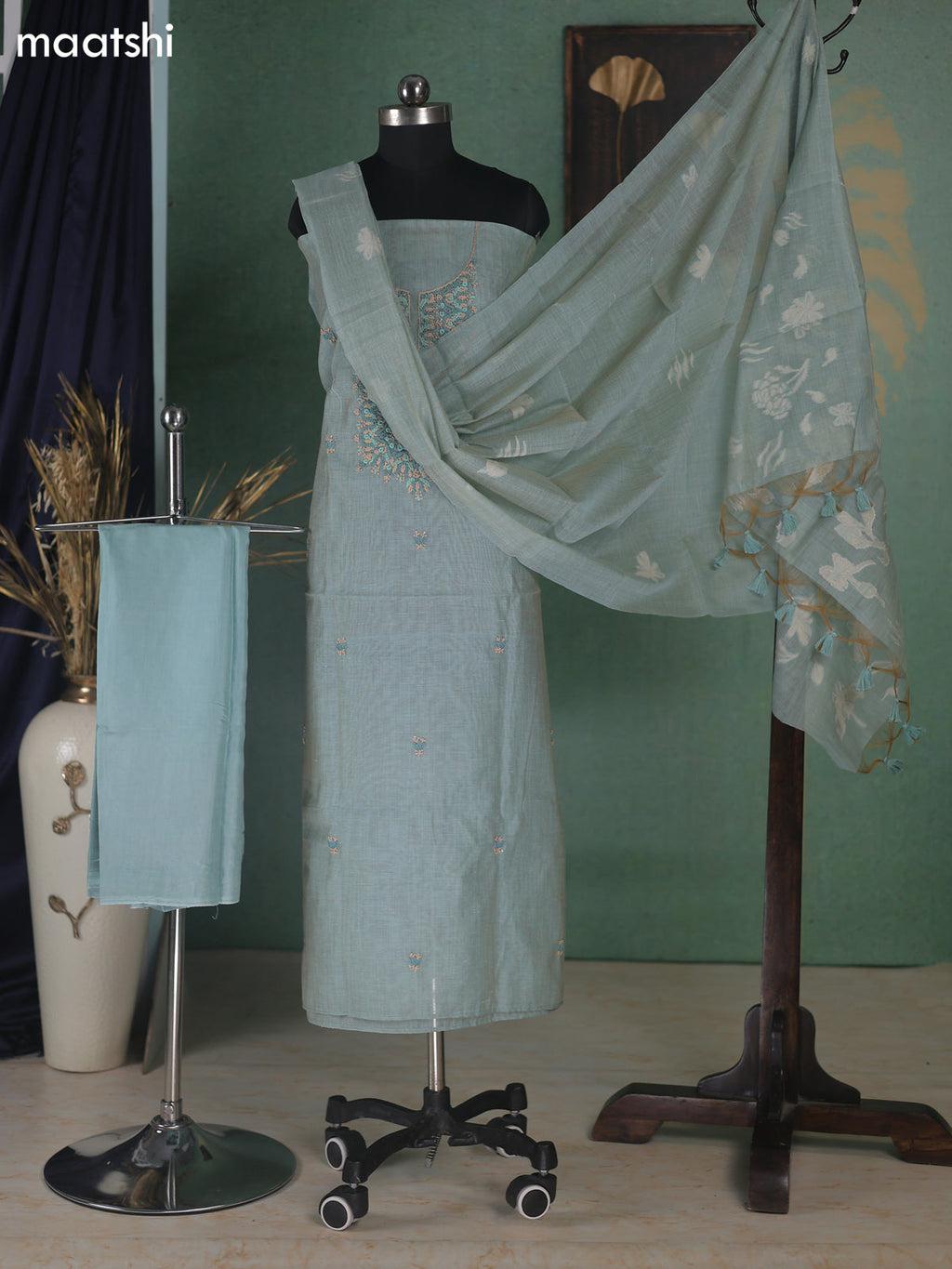 Teal Shade Munga Cotton Dress Material With Embroidery Work Neck Pattern