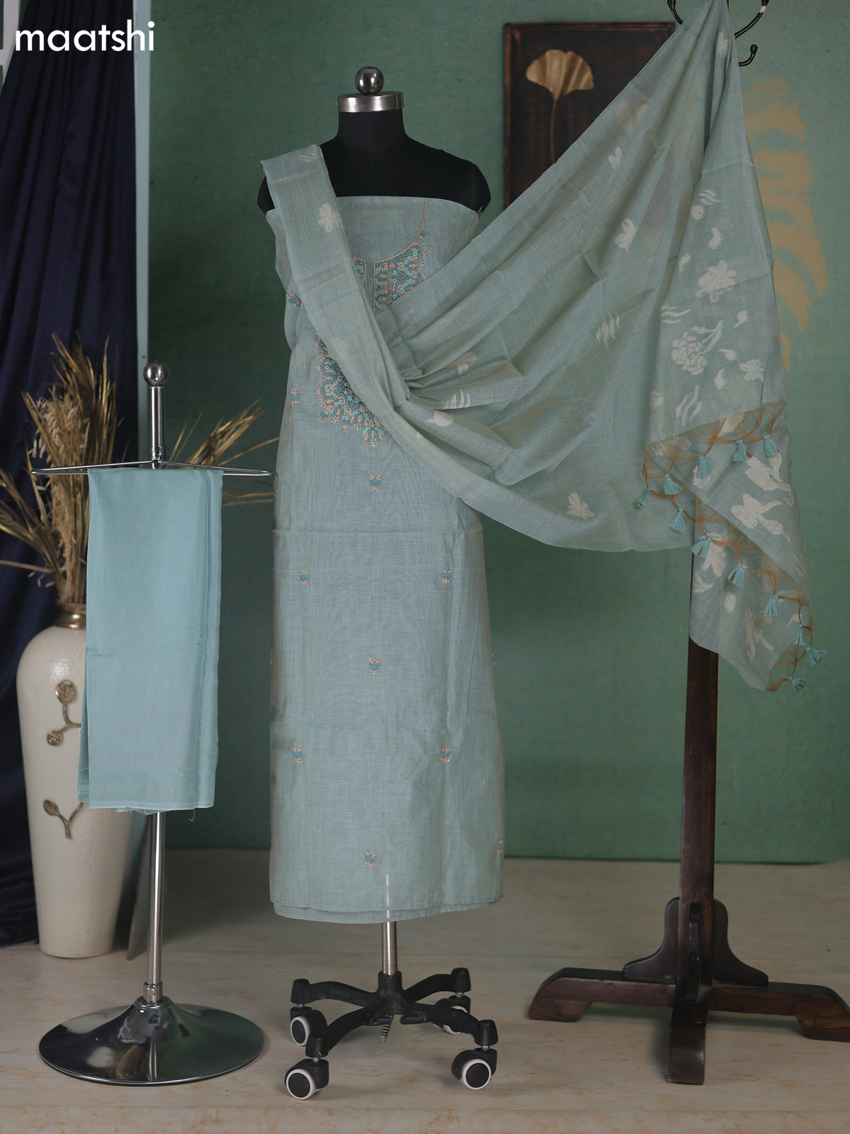 Teal Shade Munga Cotton Dress Material With Embroidery Work Neck Pattern