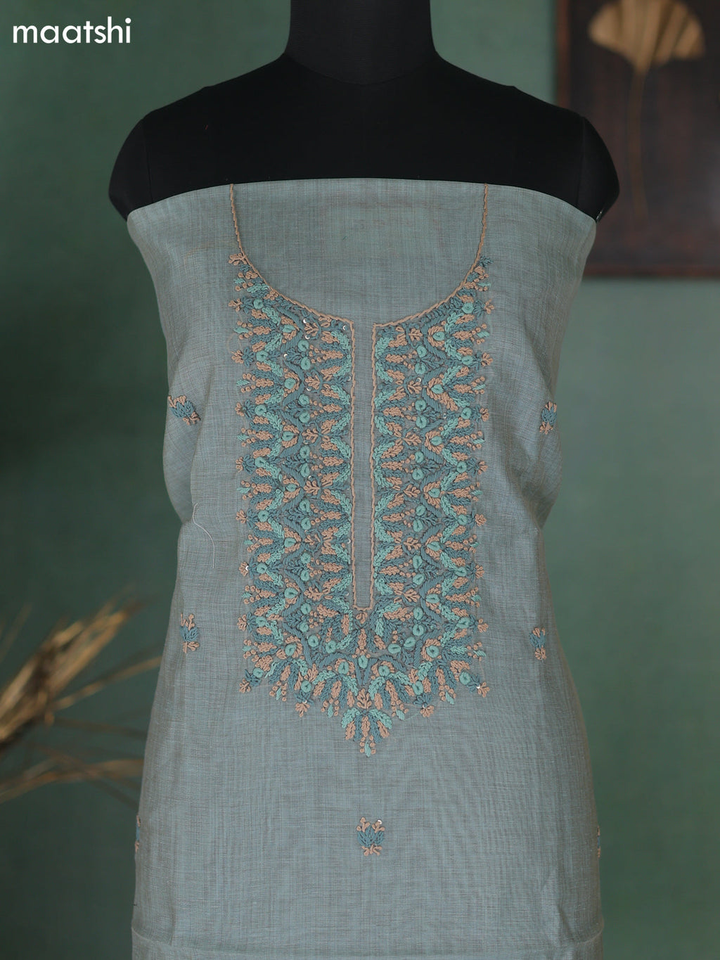 Teal Shade Munga Cotton Dress Material With Embroidery Work Neck Pattern
