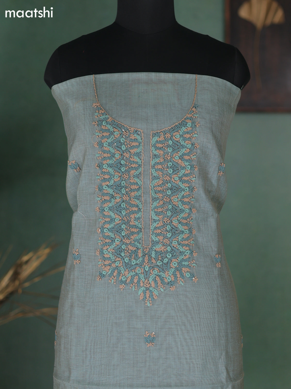 Teal Shade Munga Cotton Dress Material With Embroidery Work Neck Pattern