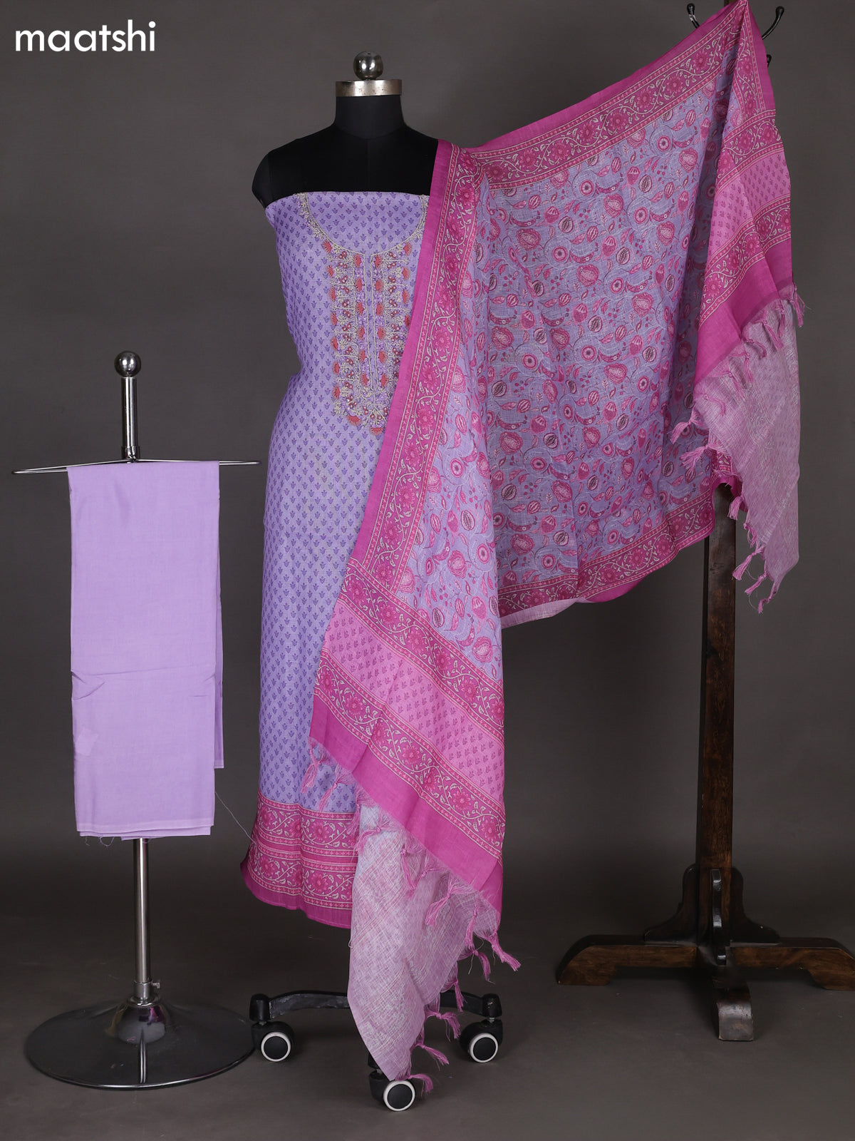 Lavender Linen Cotton Dress Material With Butta Prints & Embroidery Work Neck Pattern