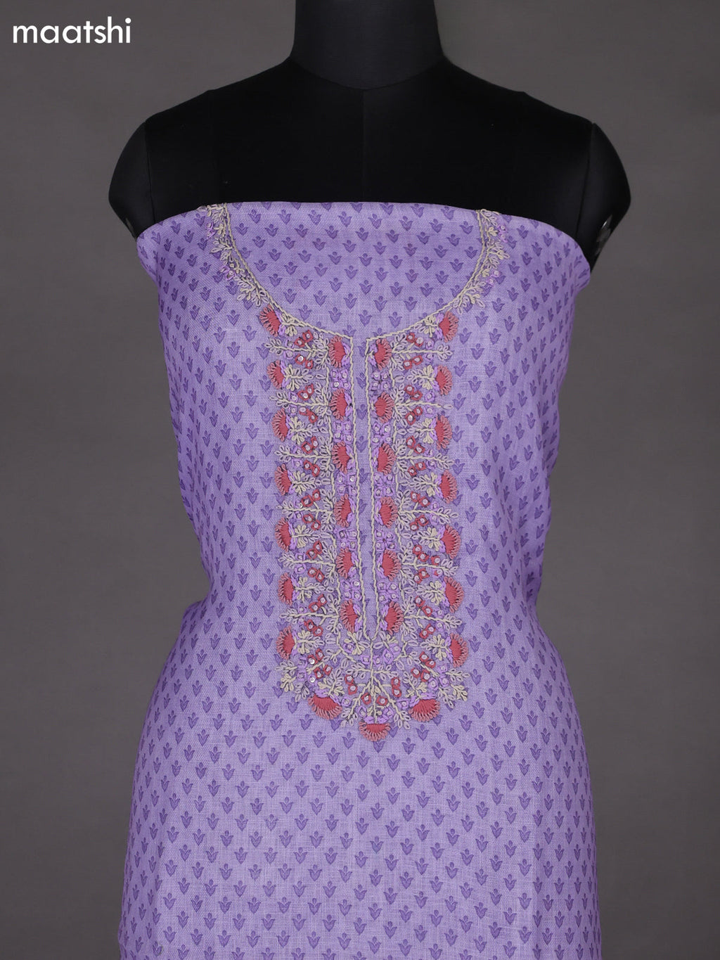 Lavender Linen Cotton Dress Material With Butta Prints & Embroidery Work Neck Pattern