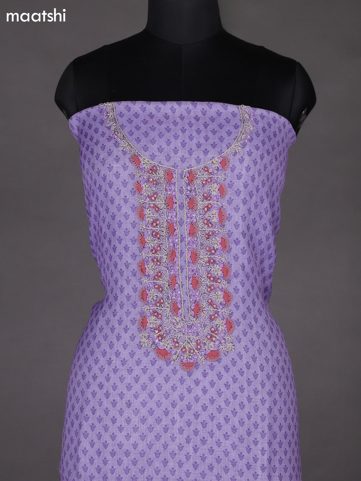 Lavender Linen Cotton Dress Material With Butta Prints & Embroidery Work Neck Pattern