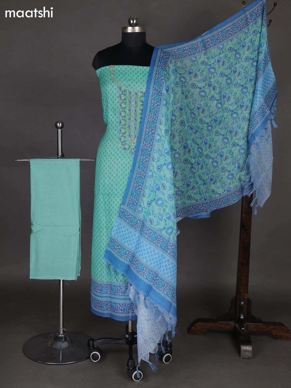 Teal Green Linen Cotton Dress Material With Butta Prints & Embroidery Work Neck Pattern