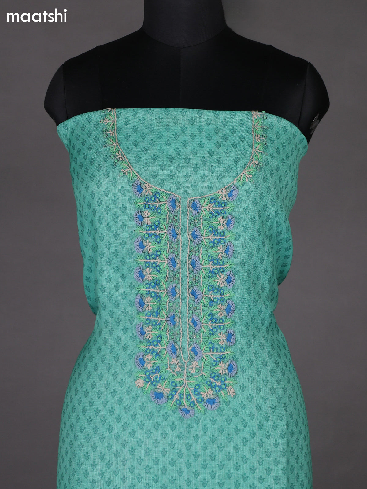 Teal Green Linen Cotton Dress Material With Butta Prints & Embroidery Work Neck Pattern