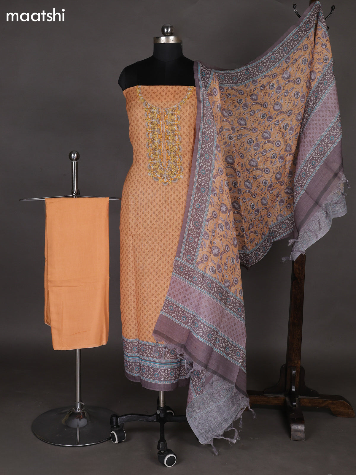 Peach Orange Linen Cotton Dress Material With Butta Prints & Embroidery Work Neck Pattern