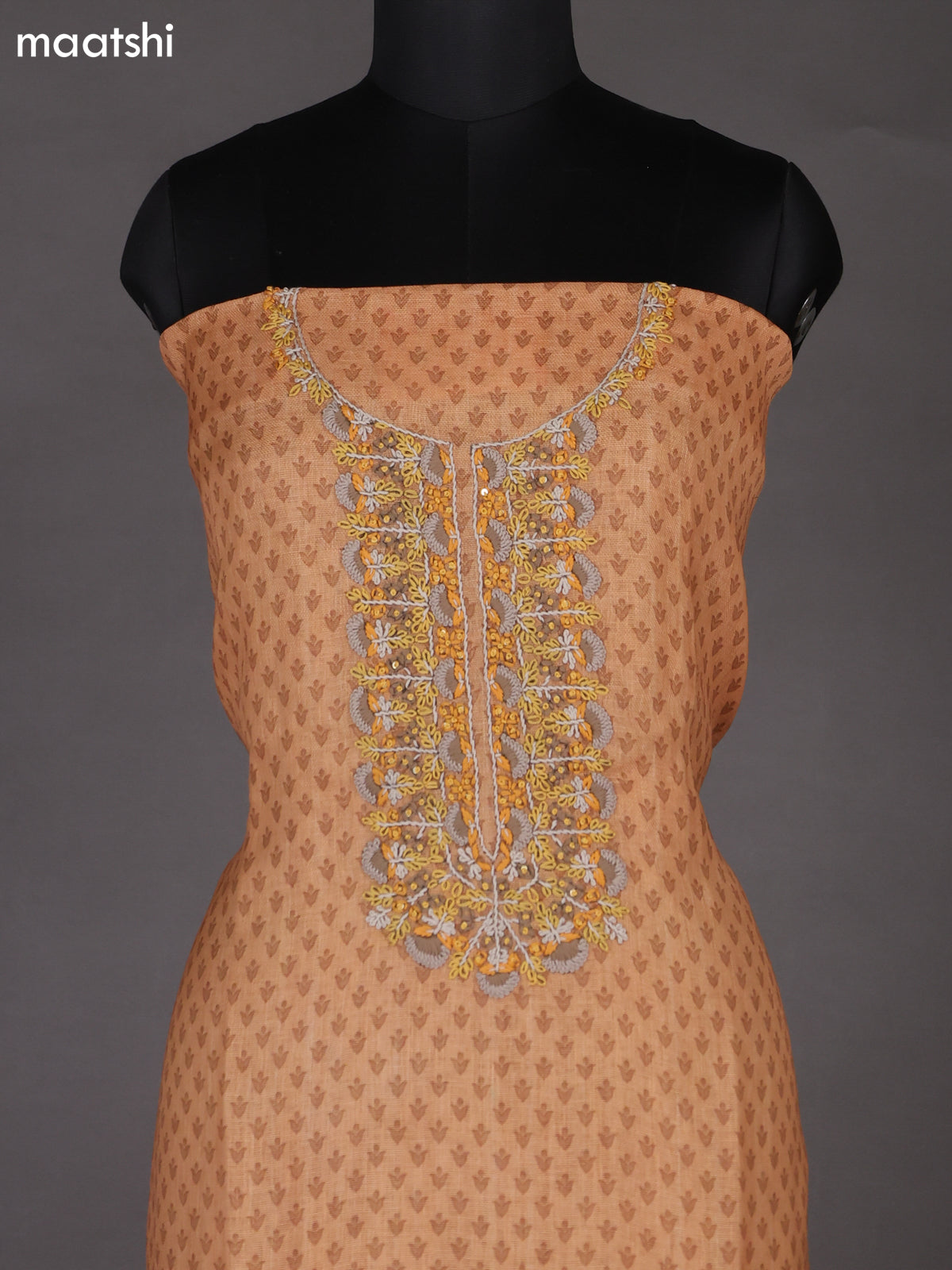 Peach Orange Linen Cotton Dress Material With Butta Prints & Embroidery Work Neck Pattern