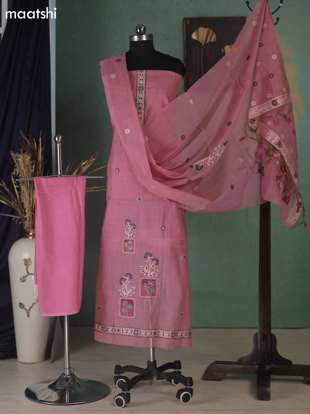 Peach Pink Munga Cotton Dress Material With Kantha Stitch Work Neck Pattern
