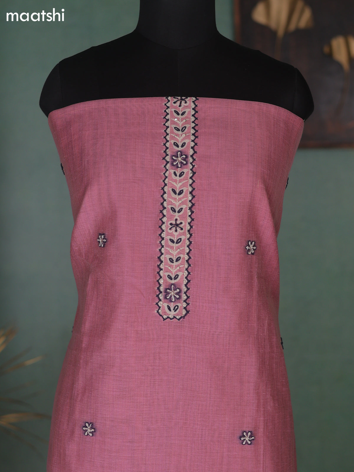 Peach Pink Munga Cotton Dress Material With Kantha Stitch Work Neck Pattern