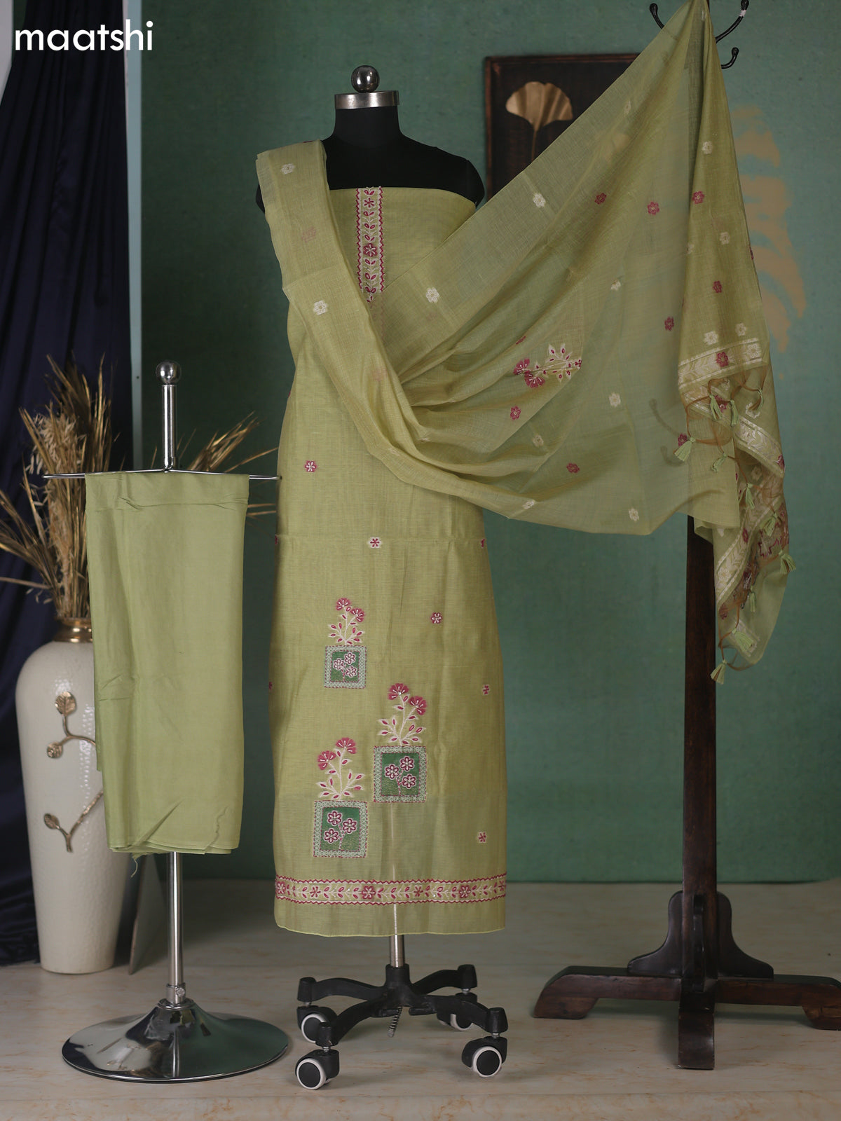Pista Green Munga Cotton Dress Material With Kantha Stitch Work Neck Pattern