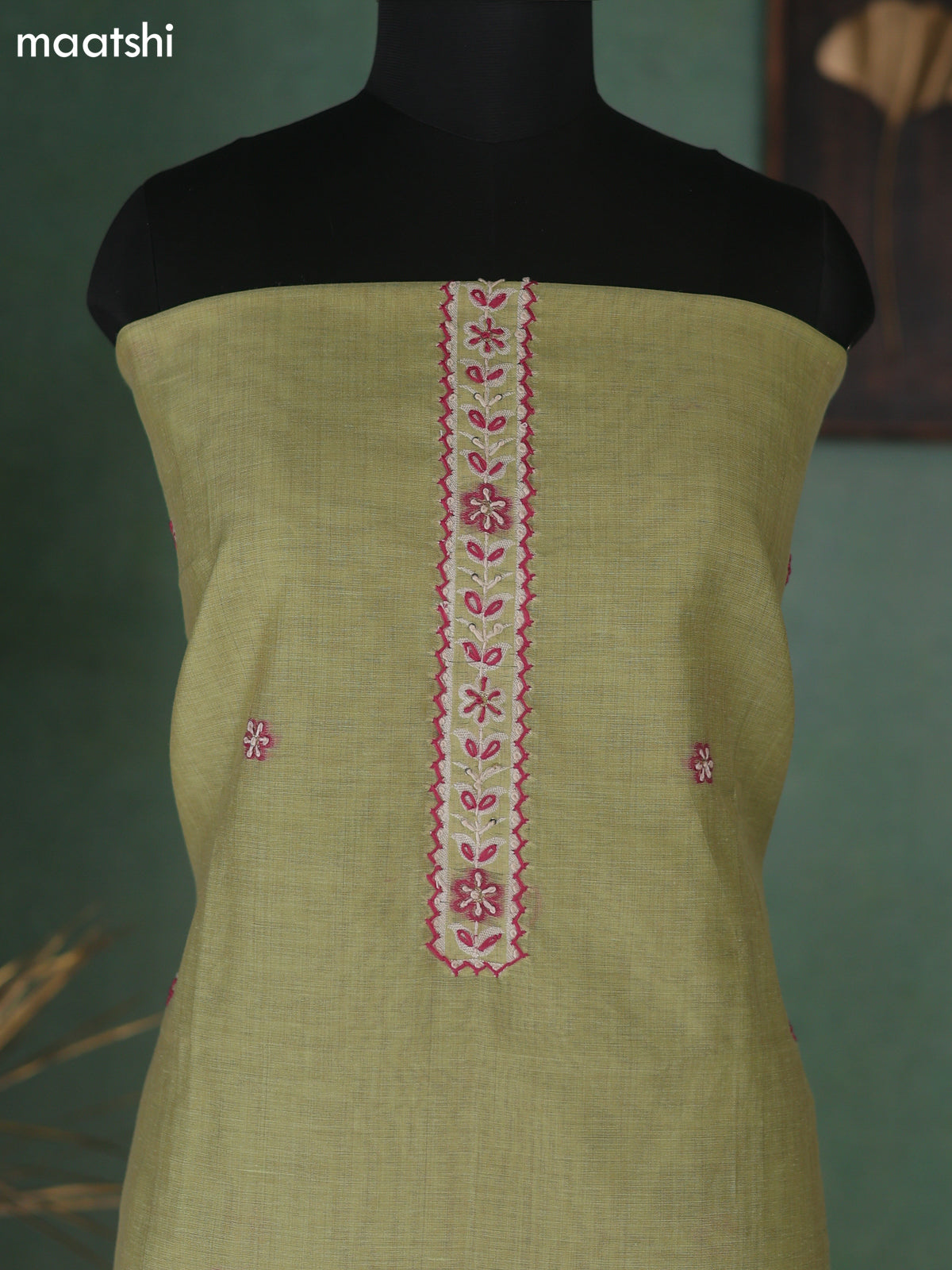 Pista Green Munga Cotton Dress Material With Kantha Stitch Work Neck Pattern