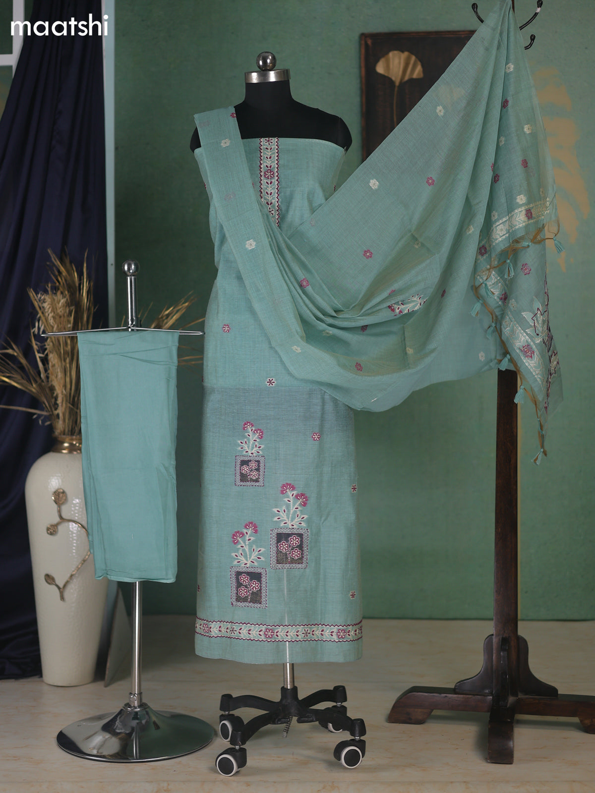 Teal Shade Munga Cotton Dress Material With Kantha Stitch Work Neck Pattern