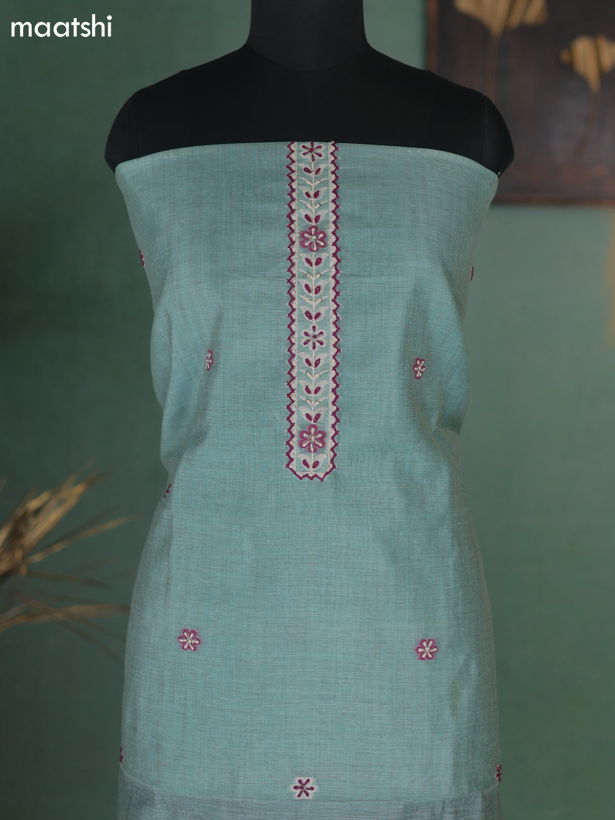 Teal Shade Munga Cotton Dress Material With Kantha Stitch Work Neck Pattern