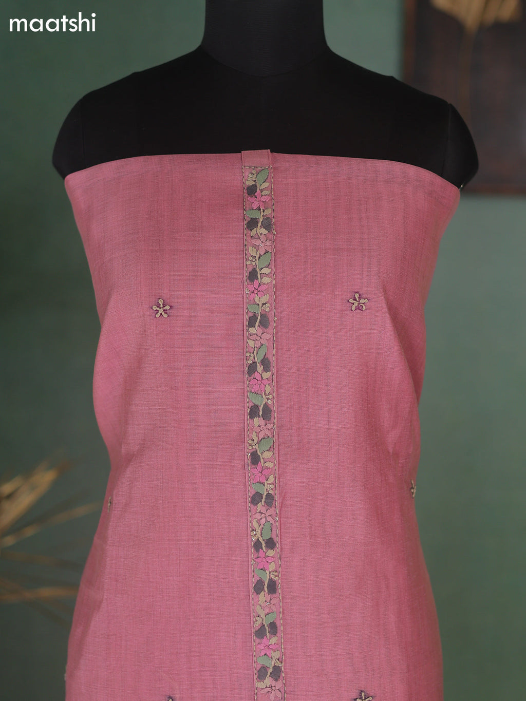 Peach Pink Munga Cotton Dress Material With Kantha Stitch Work Neck Pattern