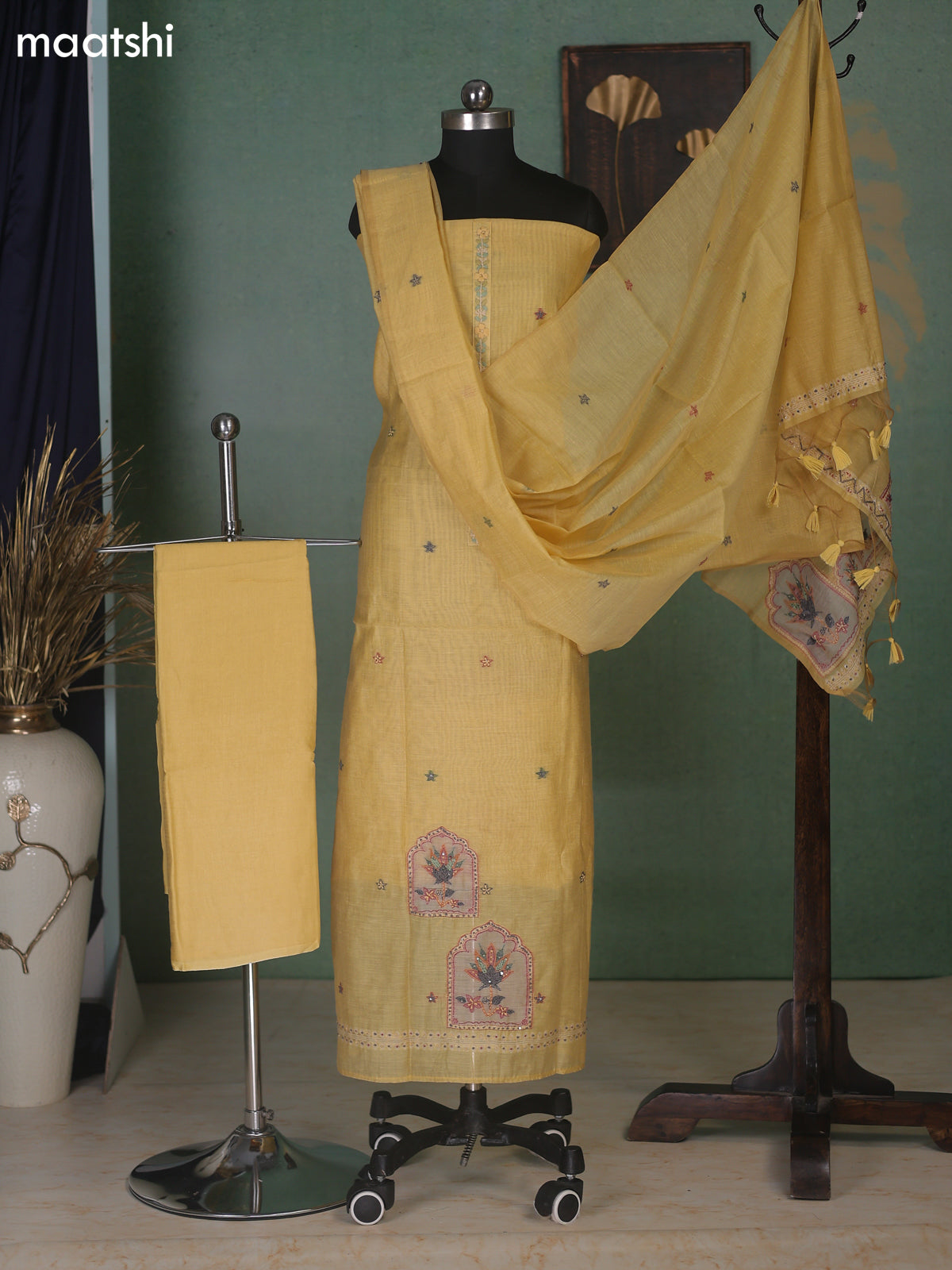 Mustard Yellow Munga Cotton Dress Material With Kantha Stitch Work Neck Pattern