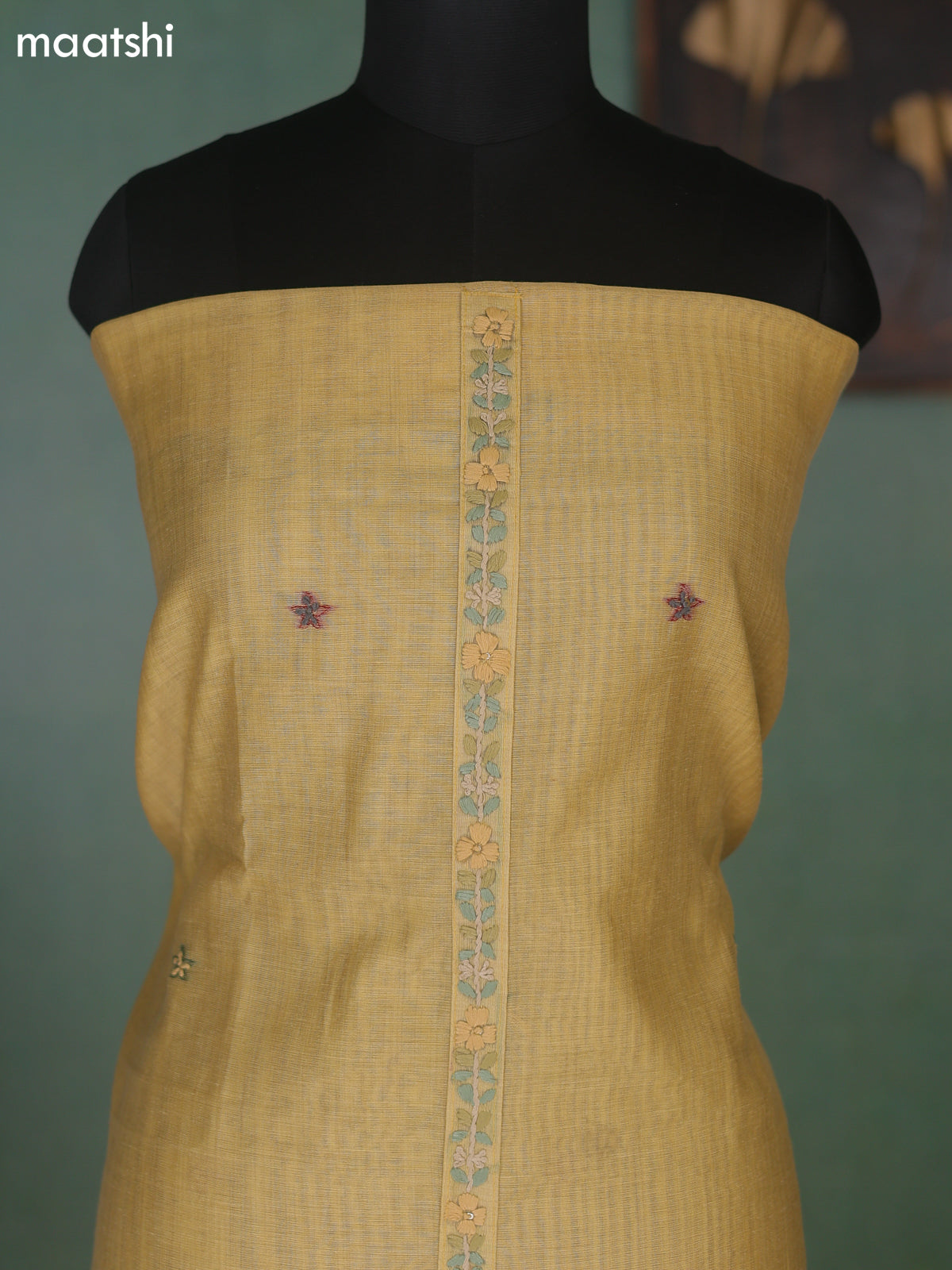 Mustard Yellow Munga Cotton Dress Material With Kantha Stitch Work Neck Pattern