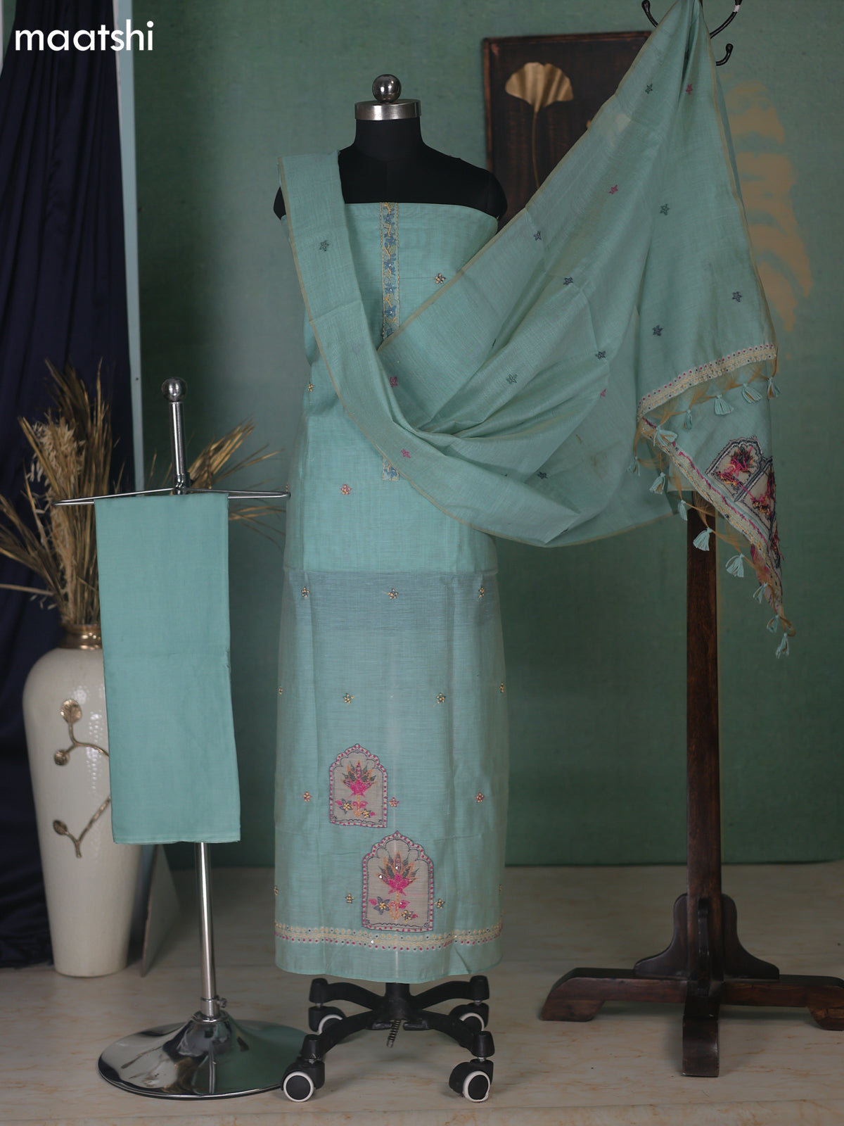 Teal Shade Munga Cotton Dress Material With Kantha Stitch Work Neck Pattern