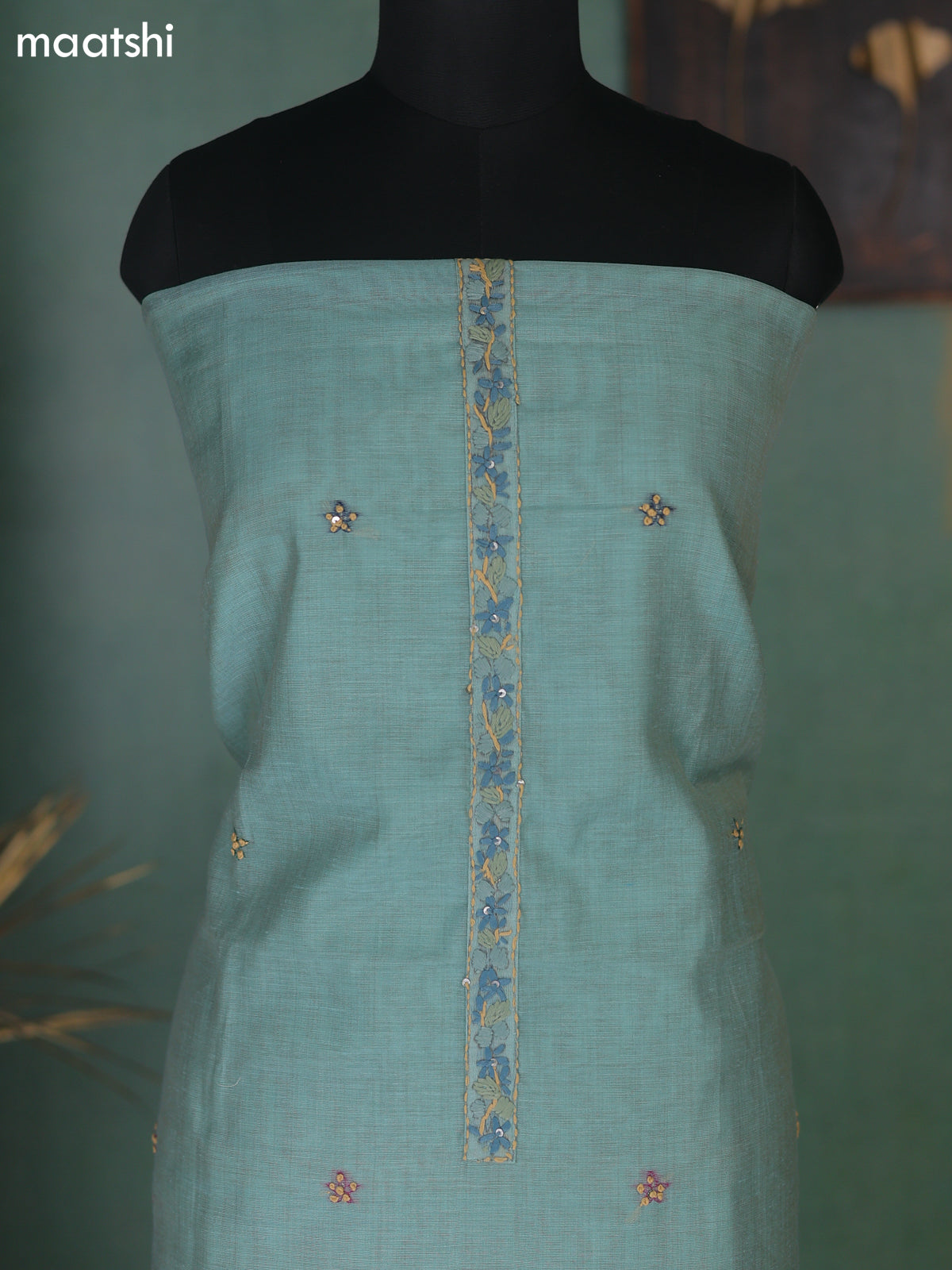 Teal Shade Munga Cotton Dress Material With Kantha Stitch Work Neck Pattern