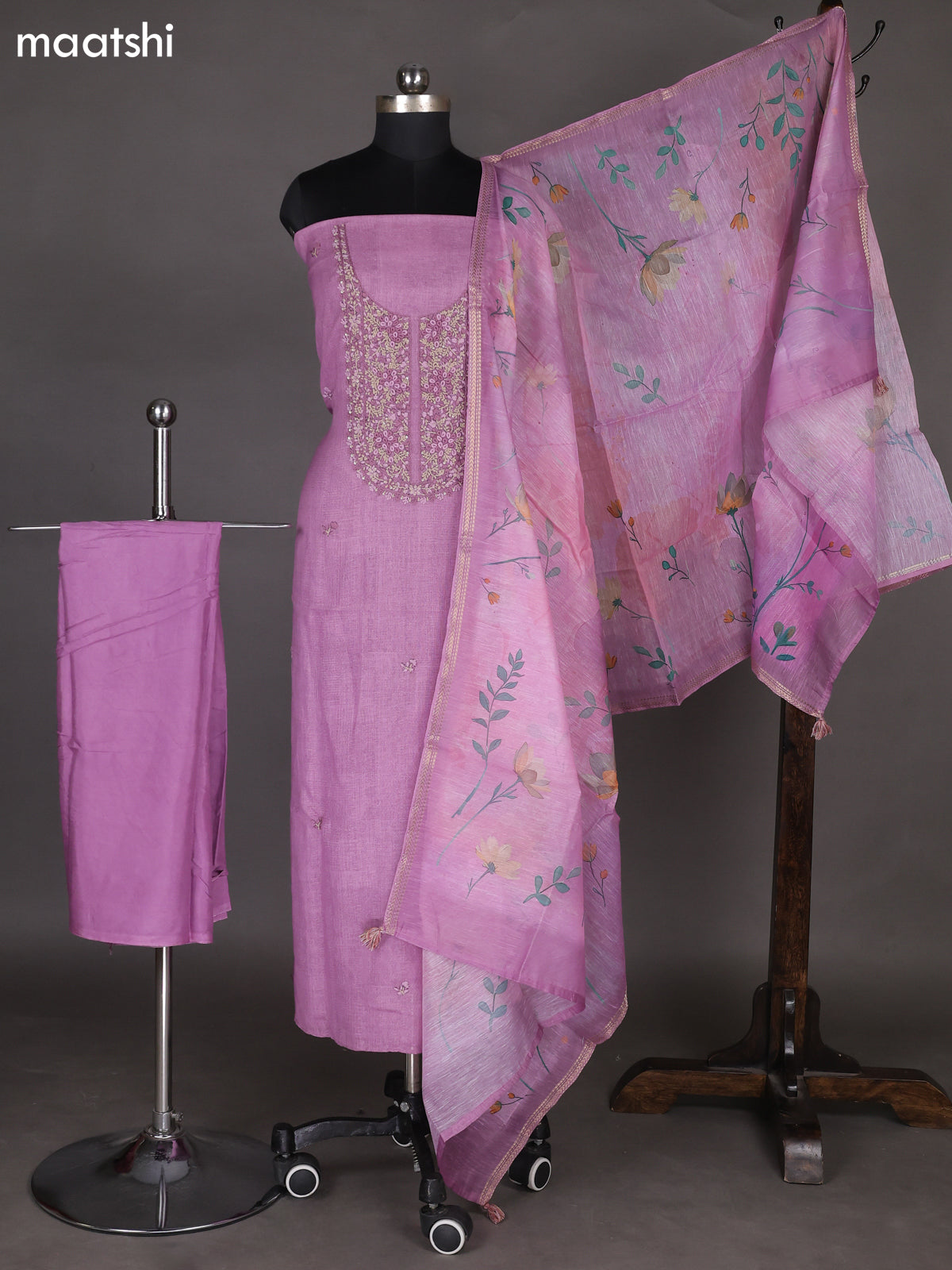 Mauve Pink Linen Cotton Dress Material With Embroidery Work Neck Pattern