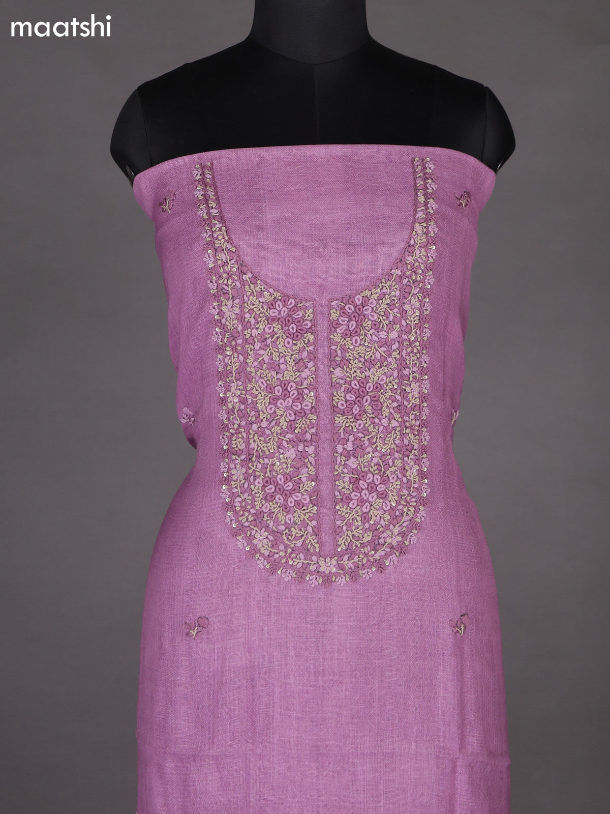 Mauve Pink Linen Cotton Dress Material With Embroidery Work Neck Pattern