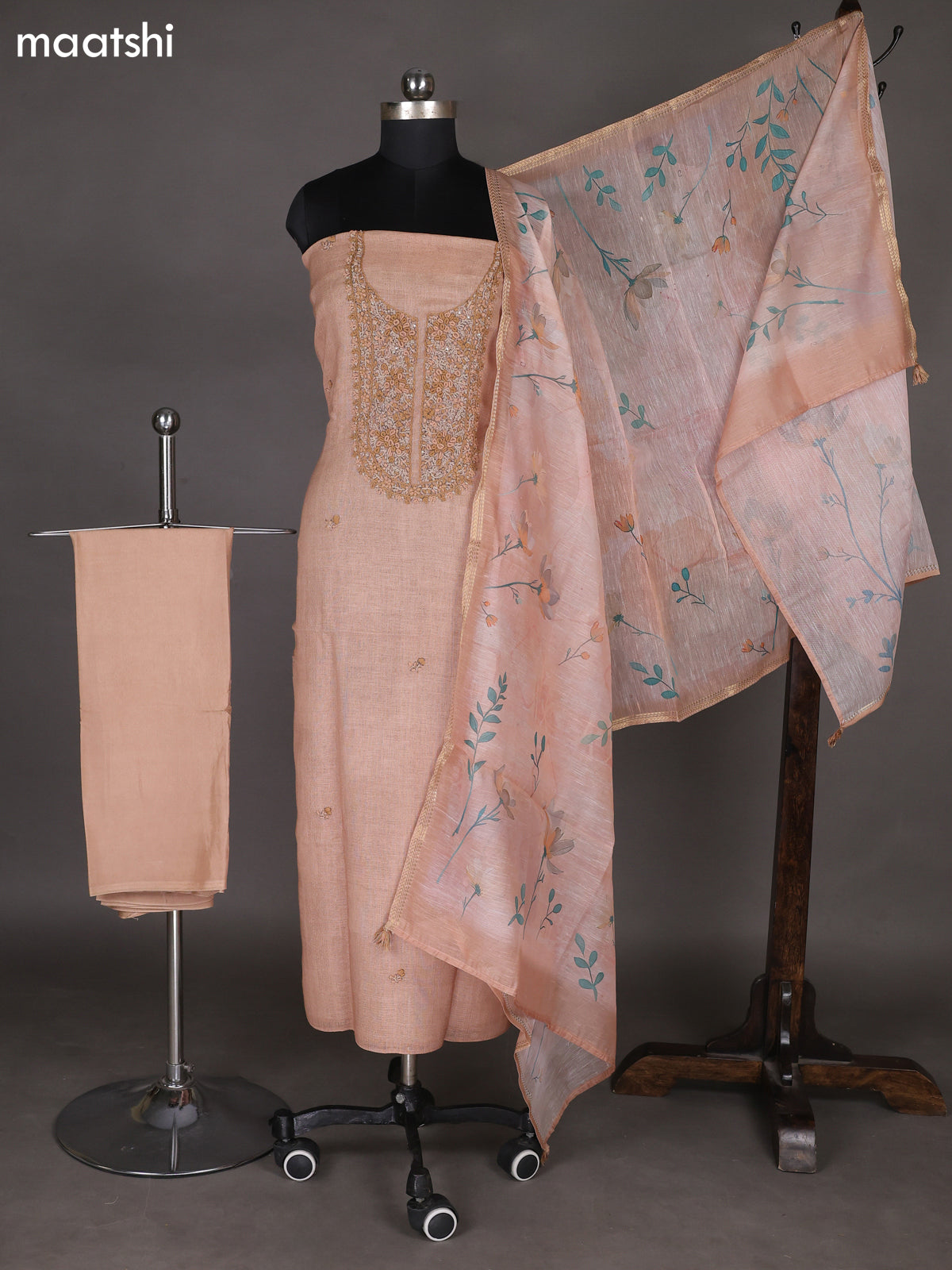 Brown Linen Cotton Dress Material With Embroidery Work Neck Pattern