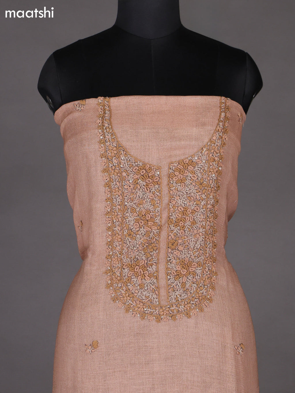 Brown Linen Cotton Dress Material With Embroidery Work Neck Pattern
