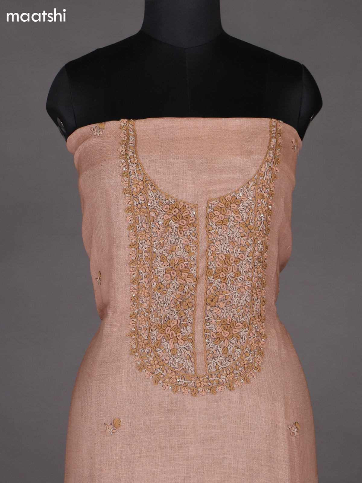 Brown Linen Cotton Dress Material With Embroidery Work Neck Pattern