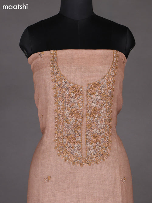 Brown Linen Cotton Dress Material With Embroidery Work Neck Pattern