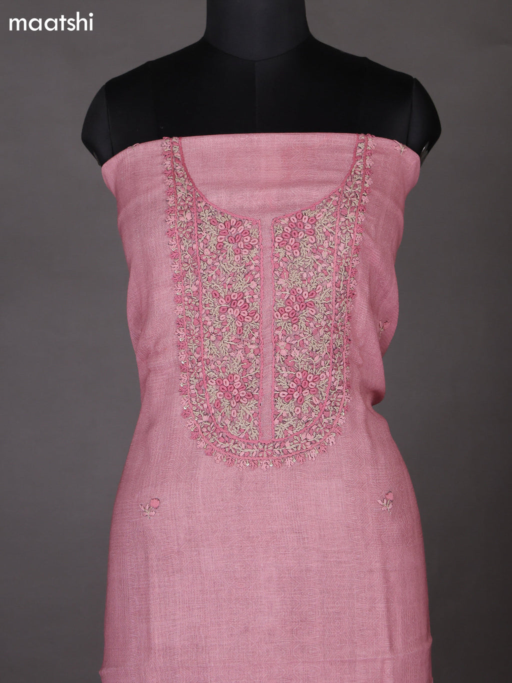 Peach Pink Linen Cotton Dress Material With Embroidery Work Neck Pattern