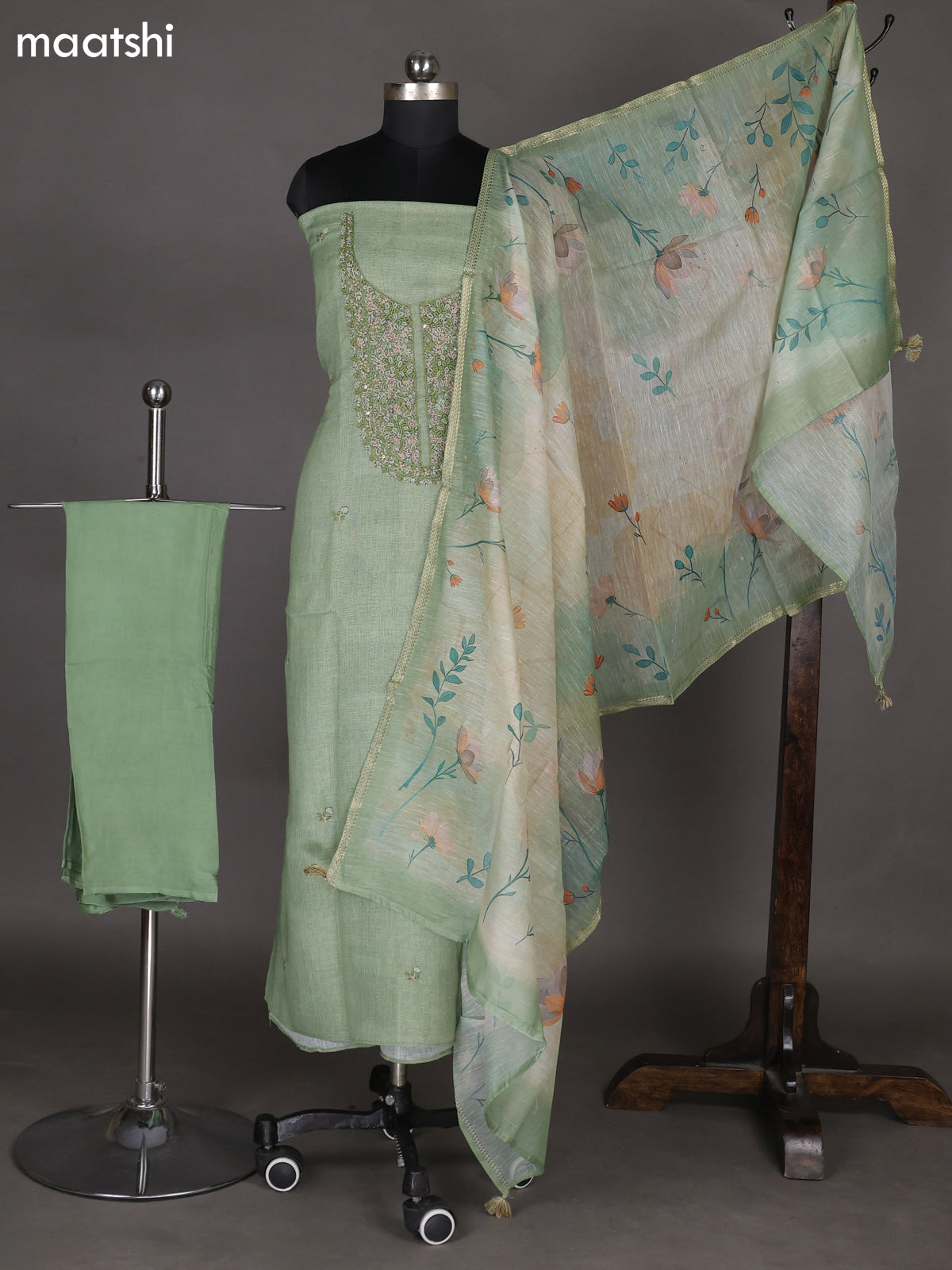 Pastel Green Linen Cotton Dress Material With Embroidery Work Neck Pattern