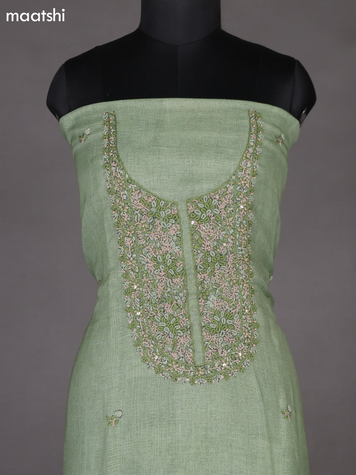 Pastel Green Linen Cotton Dress Material With Embroidery Work Neck Pattern