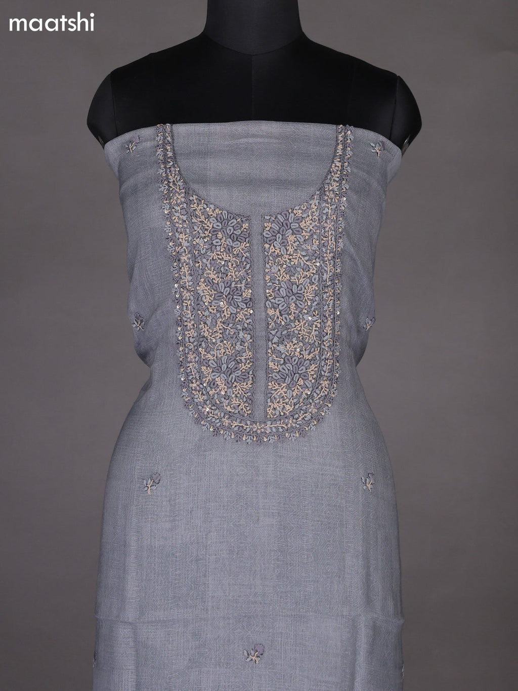 Dark Grey Linen Cotton Dress Material With Embroidery Work Neck Pattern