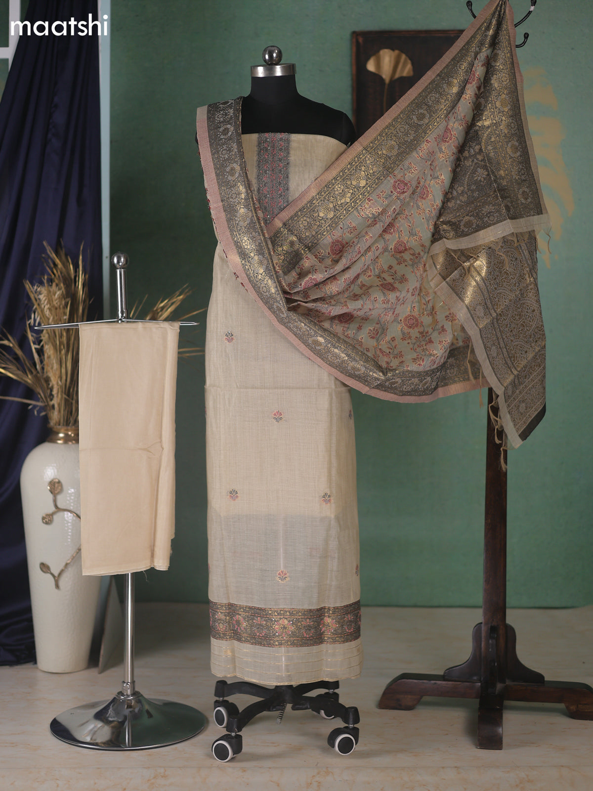 Beige Munga Cotton Dress Material With Embroidery Work Neck Pattern