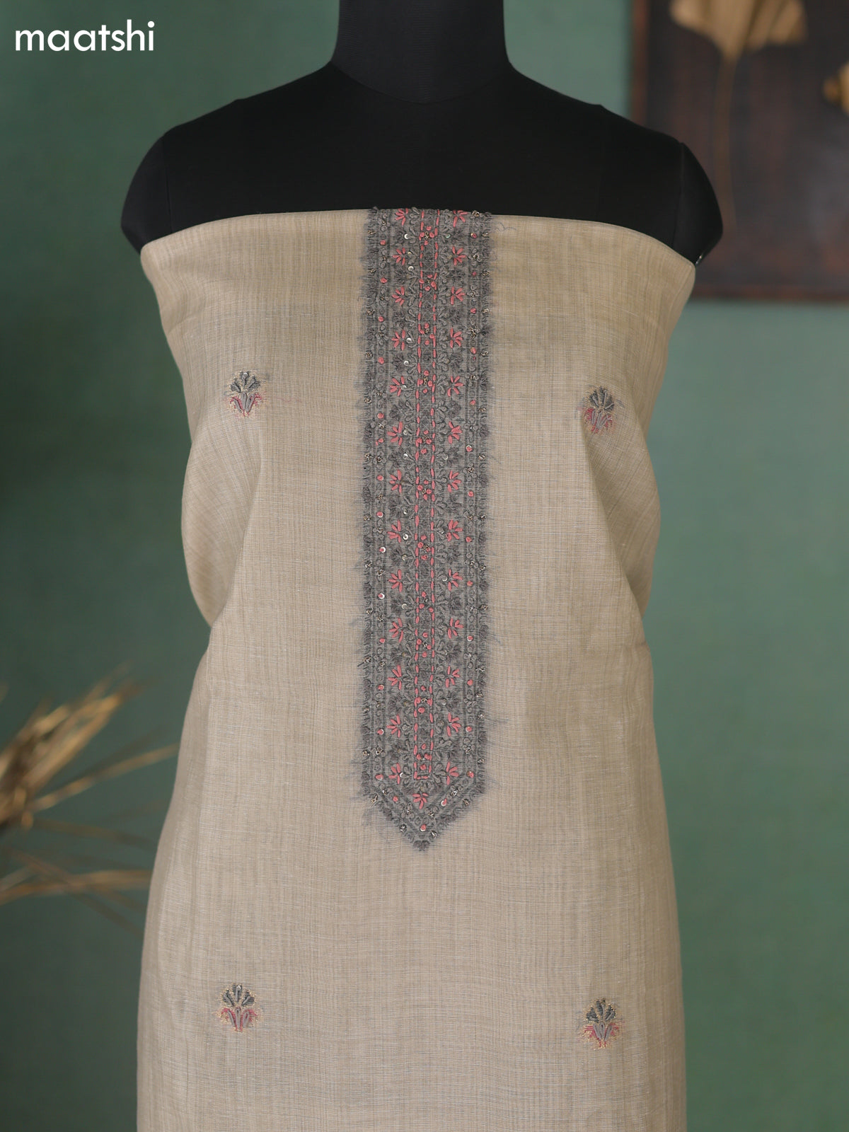Beige Munga Cotton Dress Material With Embroidery Work Neck Pattern