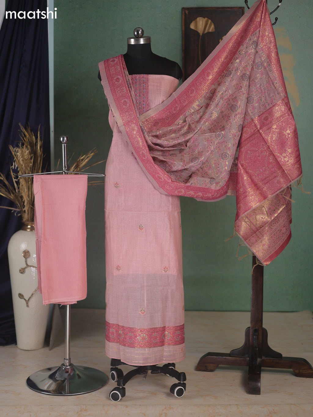 Peach Munga Cotton Dress Material With Embroidery Work Neck Pattern
