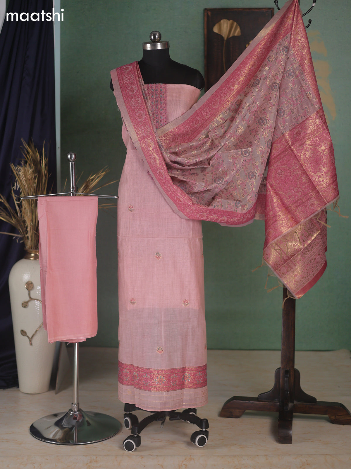 Peach Munga Cotton Dress Material With Embroidery Work Neck Pattern