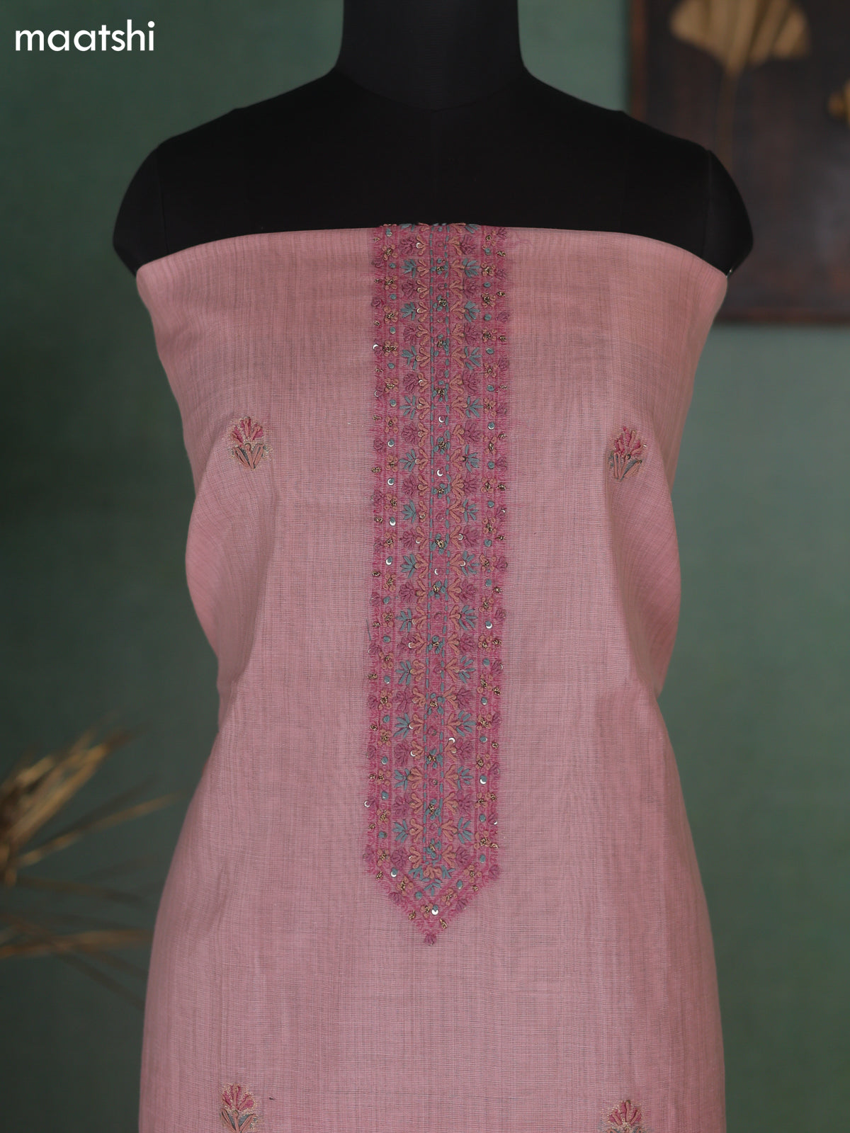 Peach Munga Cotton Dress Material With Embroidery Work Neck Pattern