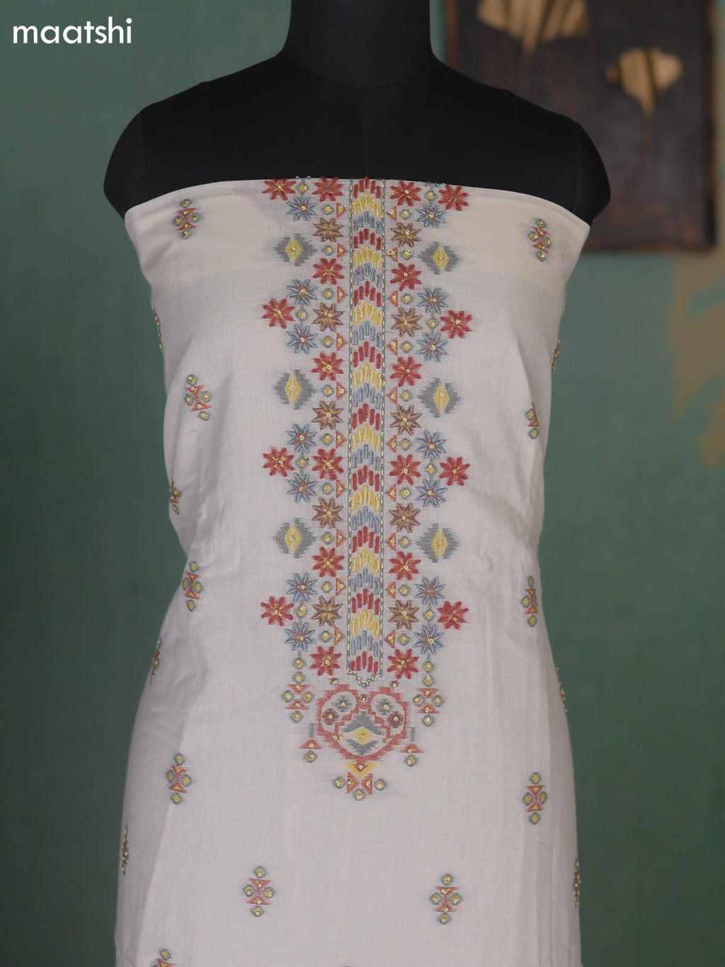 Off White Cotton Dress Material With Kantha Stitch Work Neck Pattern