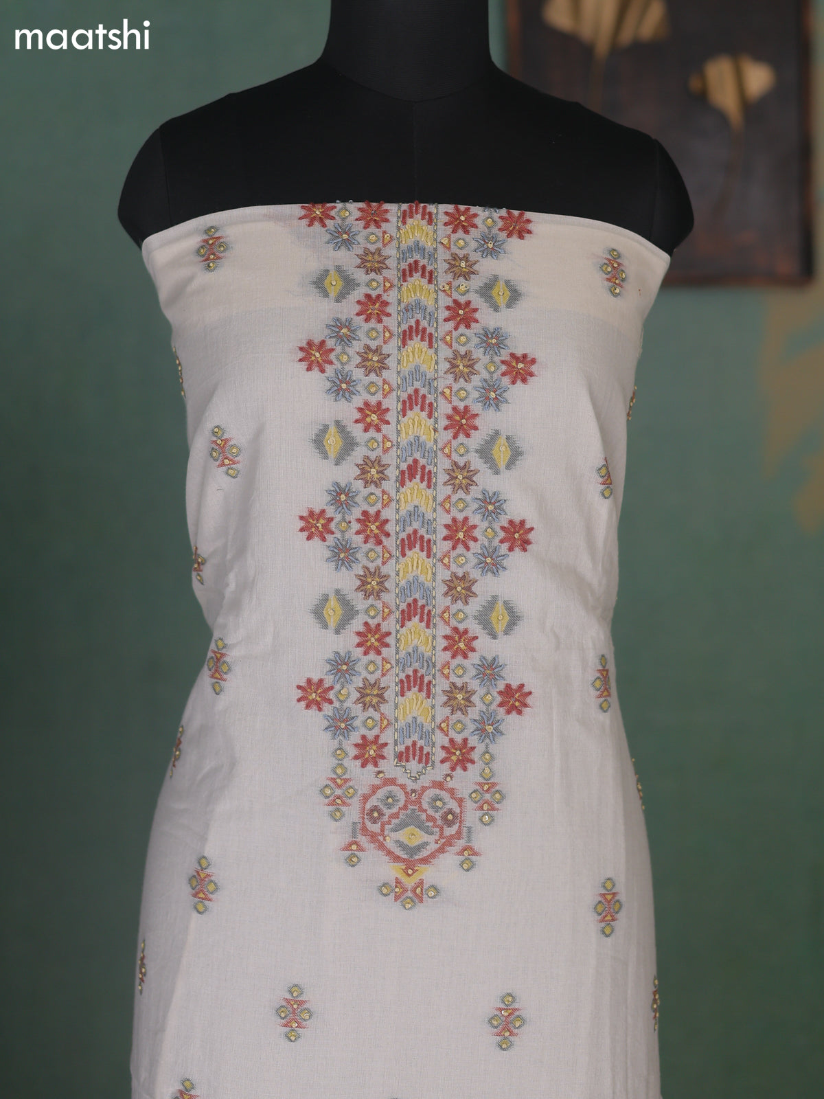 Off White Cotton Dress Material With Kantha Stitch Work Neck Pattern