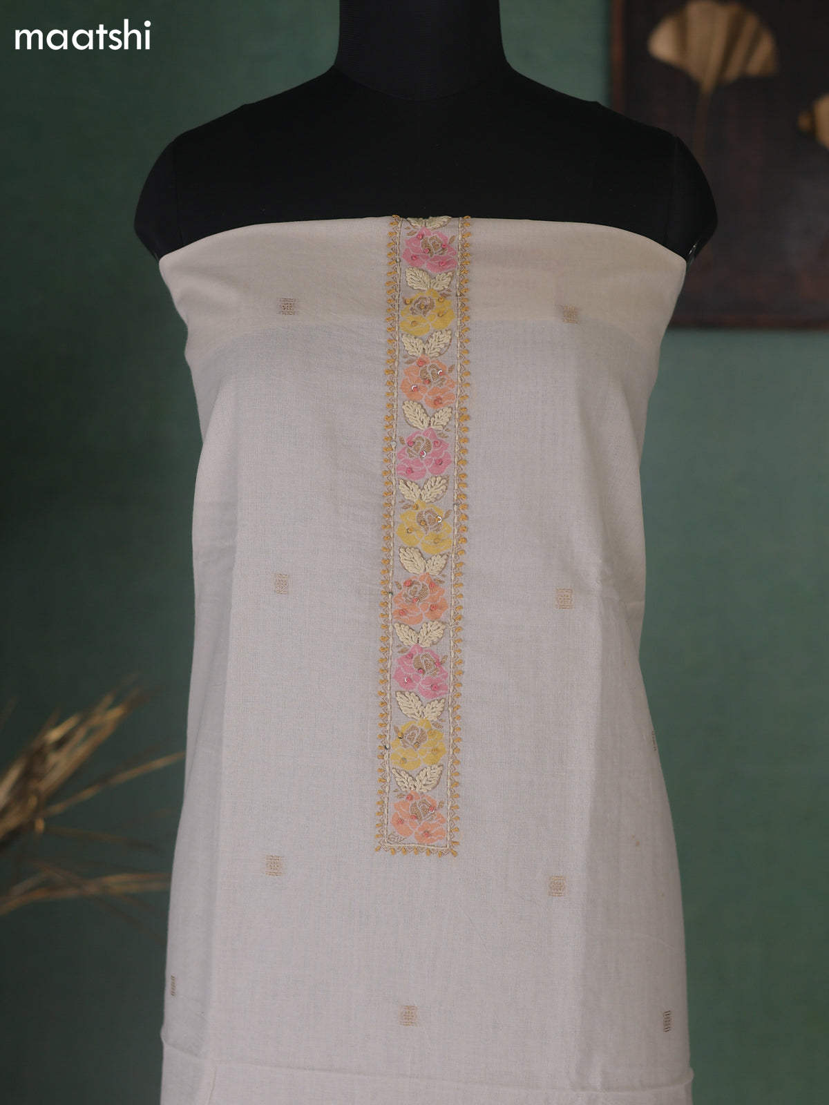 Off White Cotton Dress Material With Floral Embroidery Work Neck Pattern