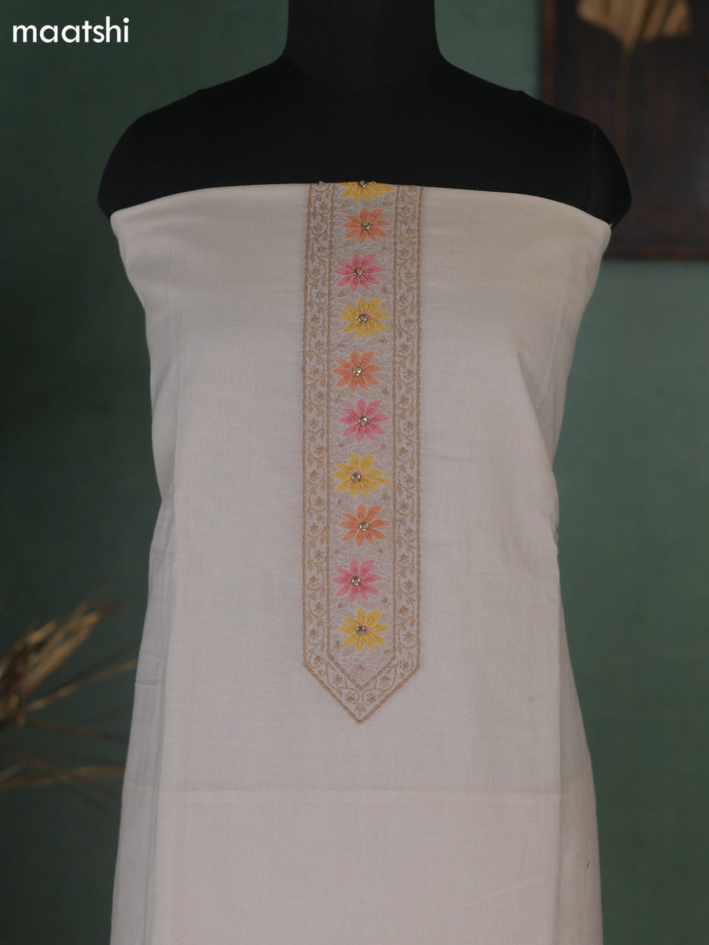Off White Cotton Dress Material With Floral Embroidery Work Neck Pattern