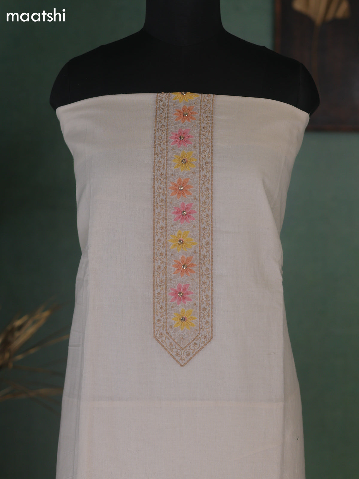 Off White Cotton Dress Material With Floral Embroidery Work Neck Pattern